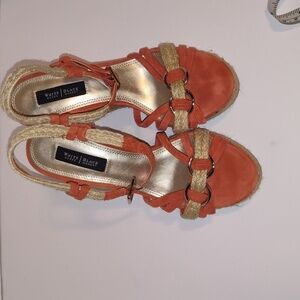White House Black Market Juniper Leather/Cork Wedges Orange 6 1/2 Women's